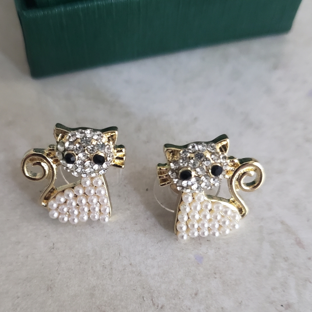 Cat Earrings Pearls Crystal Gold